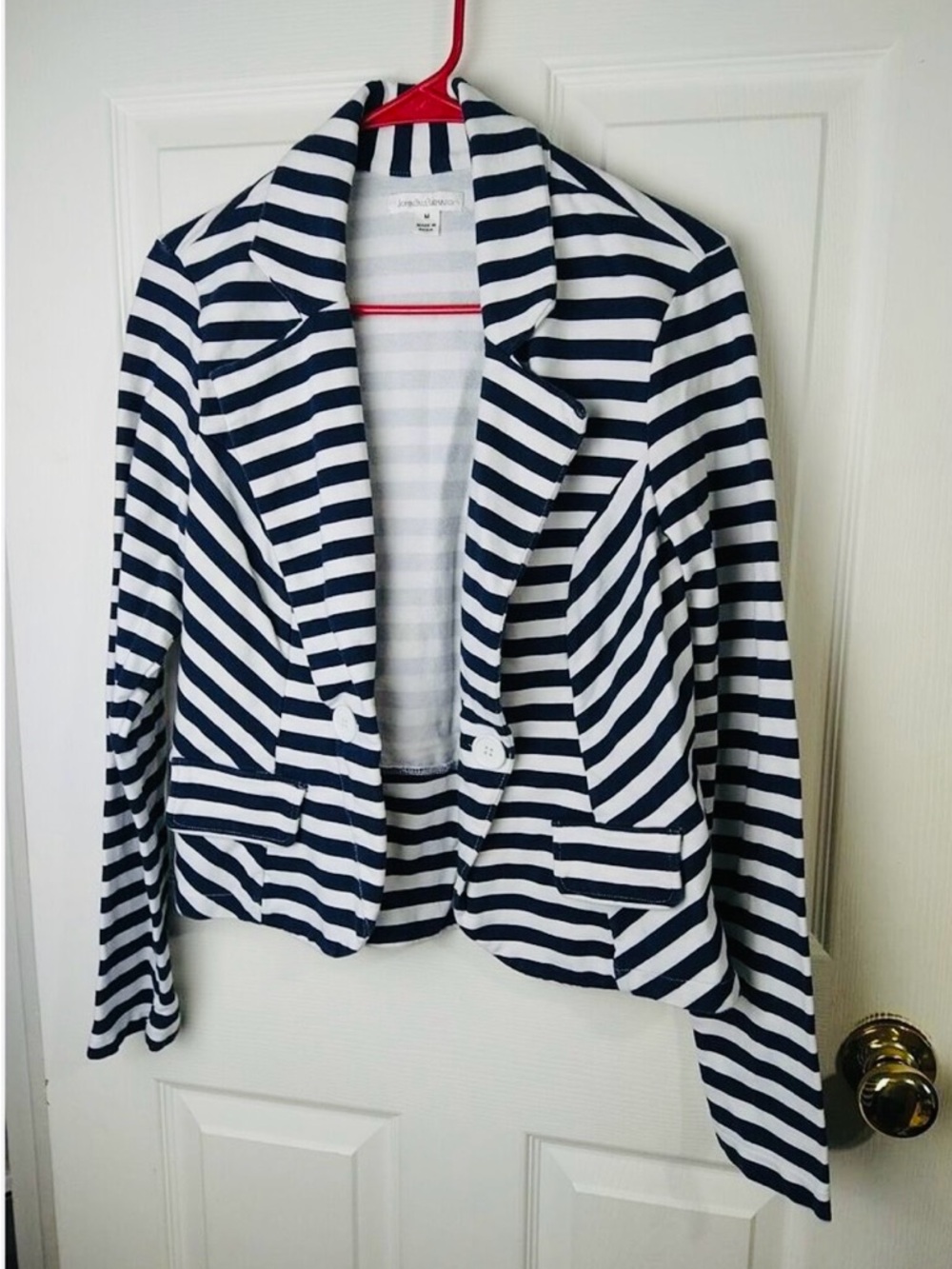 JohnPaulRichard Navy and White Striped Blazer, Size Medium